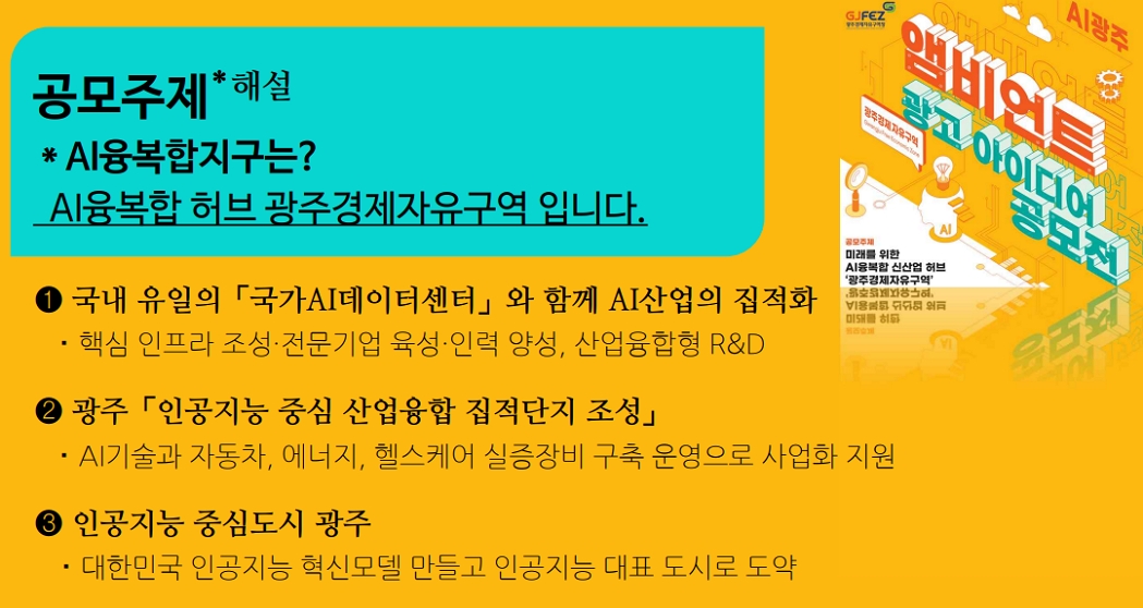 공모주제*해설. * AI융복합지구는? AI융복합 허브 광주경제자유구역 입니다. ① 국내 유일의 「국가AI데이터센터」 와 함께 AI산업의 집적화 • 핵심 인프라 조성•전문기업 육성•인력 양성, 산업융합형 R&D. ② 광주 「인공지능 중심 산업융합 집적단지 조성」 • AI기술과 자동차, 에너지, 헬스케어 실증장비 구축 운영으로 사업화 지원. ③ 인공지능 중심도시 광주 • 대한민국 인공지능 혁신모델 만들고 인공지능 대표 도시로 도약.